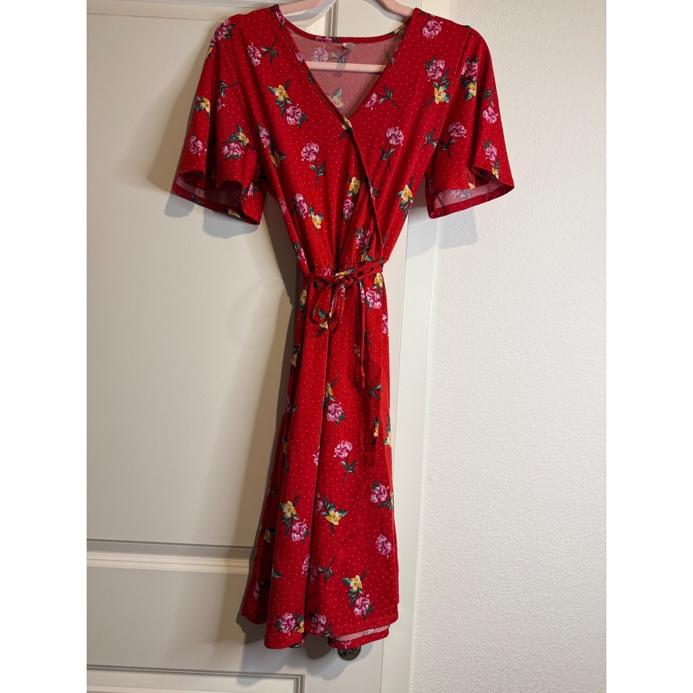 Piphany Red Floral Polka Dot Wrap Dress Short Flutter Sleeve V-Neck Small